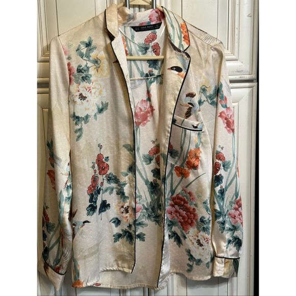 Zara Women's Oriental Japanese Garden Floral Print Satin Shirt Multicolor Small - Picture 12 of 15